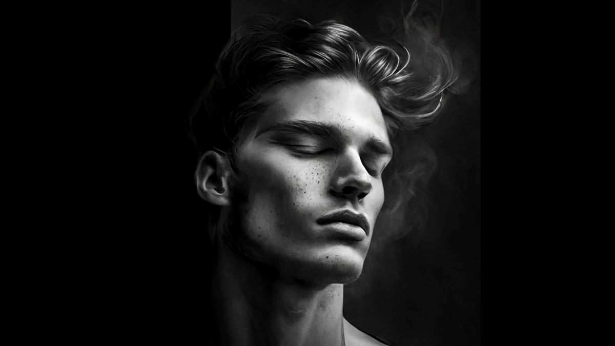 Black and white portrait of a handsome man with sharp jawline and high cheekbones