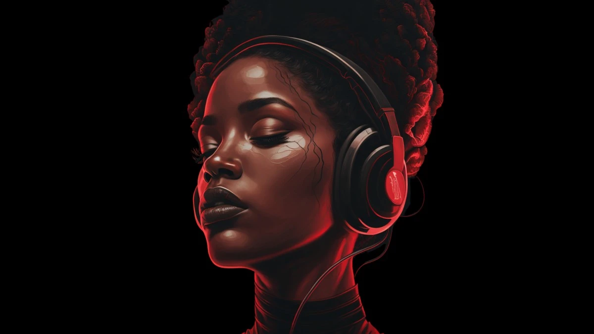 Black young woman listening to audio wearing headphones on a black background