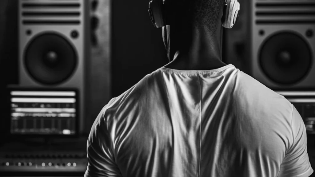 The back of a fit man in a music studio wearing headphones