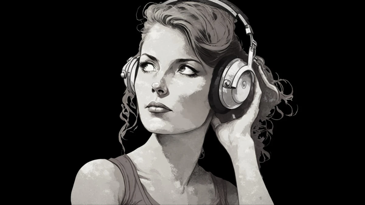 Portrait of a woman with headphones, listening to asmr and looking in the distance