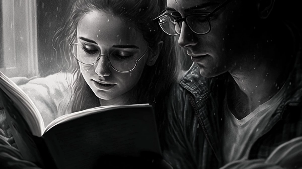 Rainy day ASMR: a blonde girl with glasses cuddling with her boyfriend and reading a book on a rainy evening