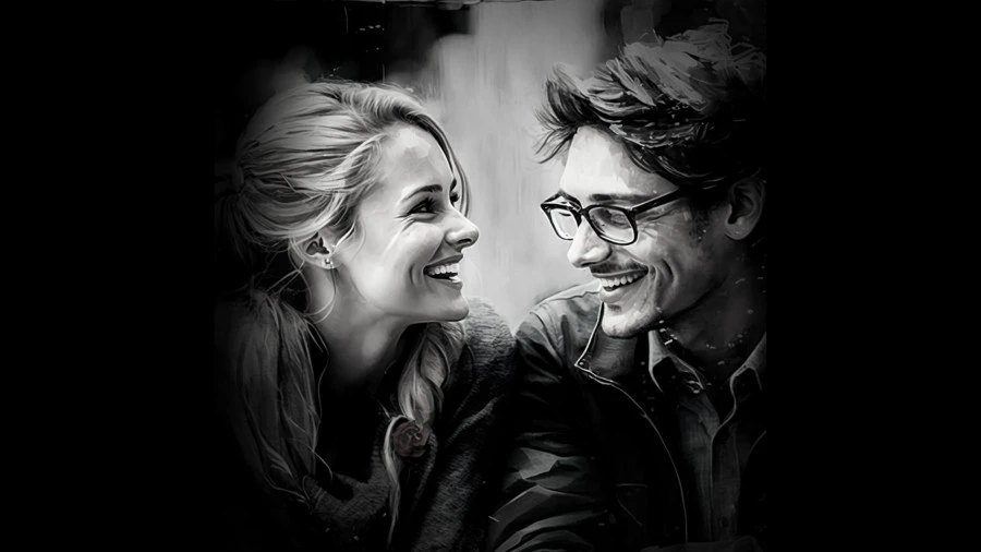 A portrait of a happy couple laughing