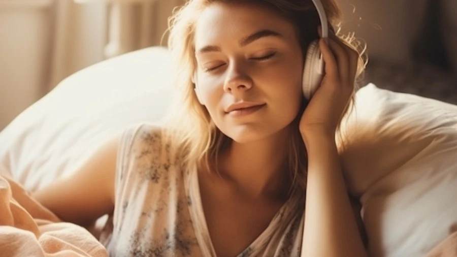 Young woman in a sunny bedroom listening to audio porn