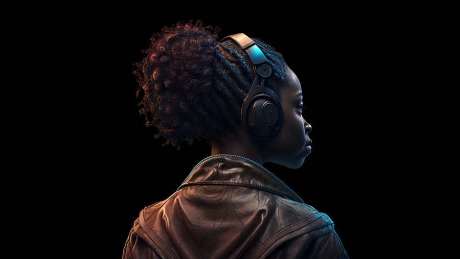 Portrait of a woman facing away and listening to erotic audio in headphones