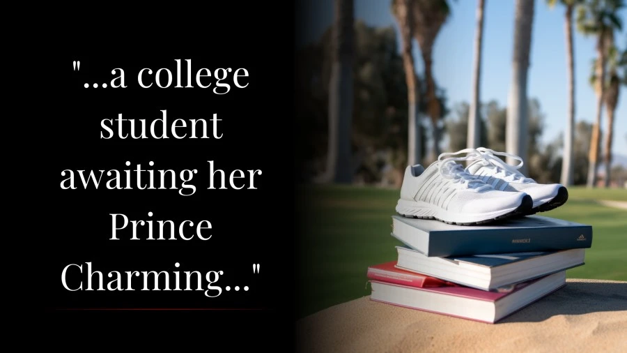 A stack of books resting on a grassy college campus with California palm trees in the background