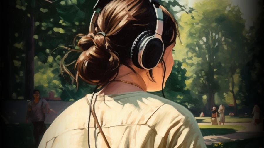 Photo of a young woman in a park on a sunny day, wearing headphones and listening to audio erotica