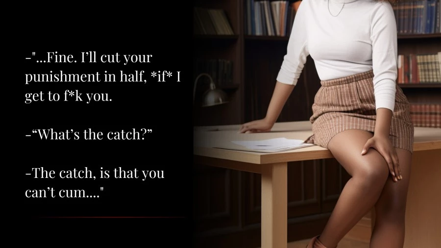 University student sitting on a professor's desk, wearing a mini skirt and white blouse