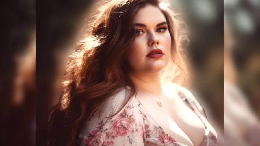 Portrait of a beautiful plus size woman with red hair on a sunny day