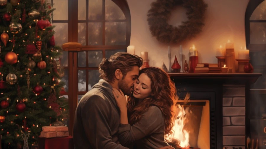 Sensual couple cuddling in front of a fireplace and a Christmas tree