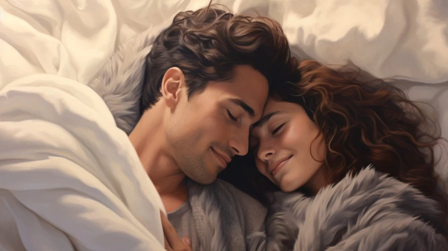 Image of a happy woman enjoying boyfriend experience, cuddling with her partner in bed