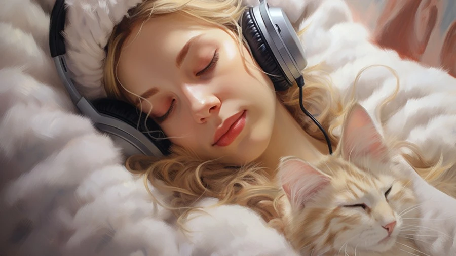 Woman with blonde hair listening to BFE sleep aid audios, cuddling with her cat