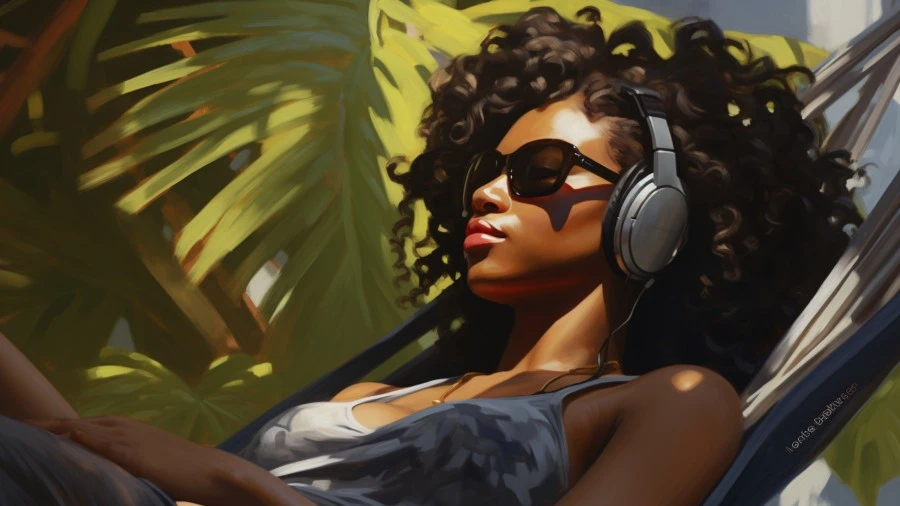 A beautiful dark skinned woman enjoying boyfriend audios on a tropical island