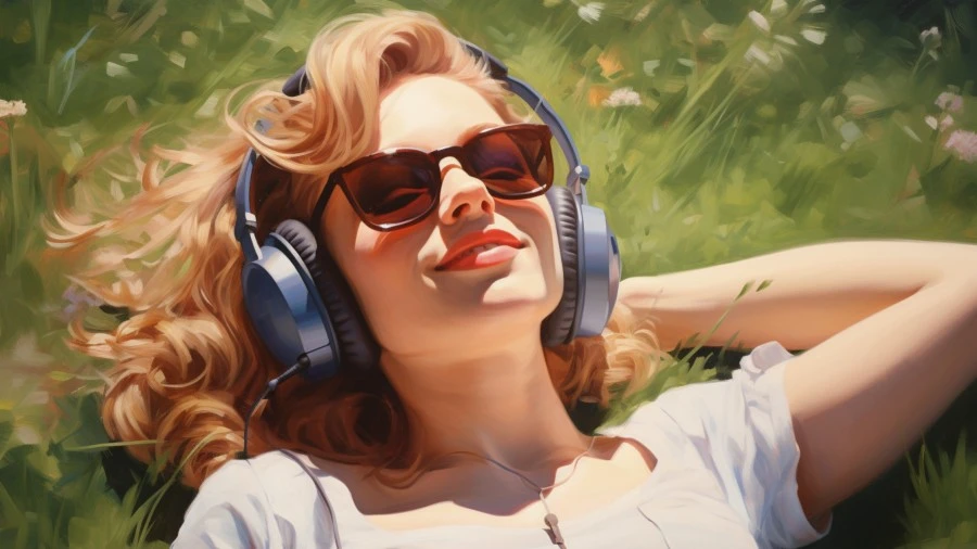 Image of a woman listening to BFE audios on a sunny day outdoors