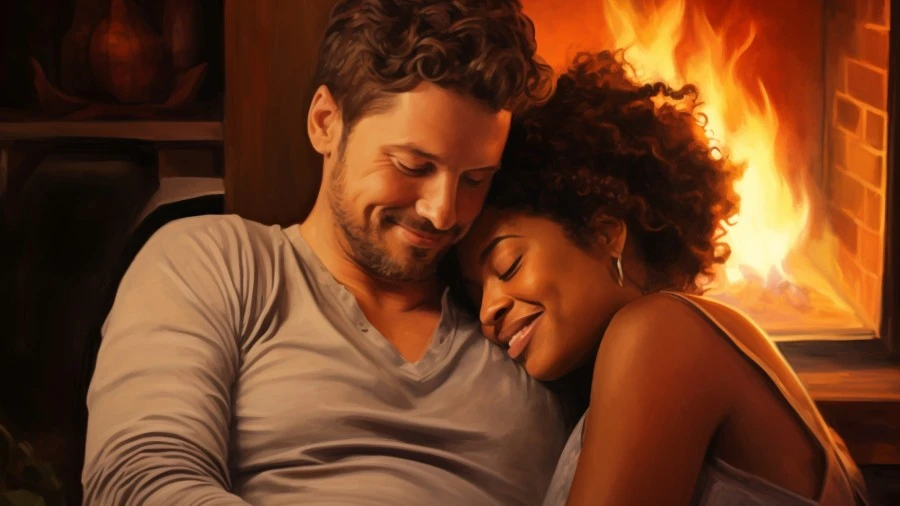 Image of a mixed race couple cuddling in front of the fireplace