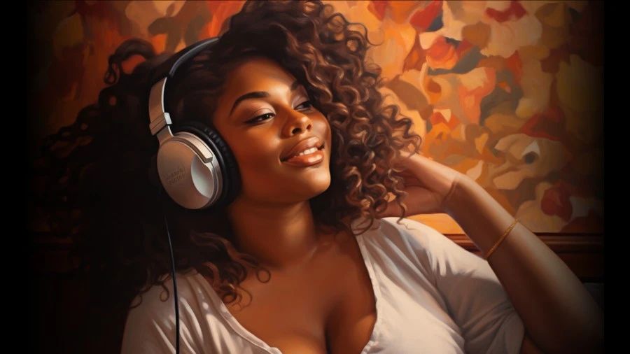 Beautiful curvy woman with auralism listening to audio erotica