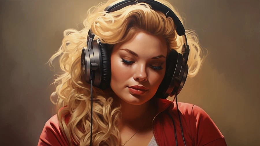 Image of a young beautiful woman with long blonde hair listening to audio erotica