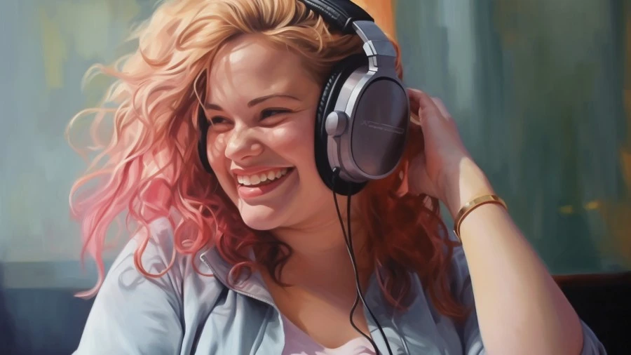 Image of a curvy and happy woman with auralism listening to audio erotica