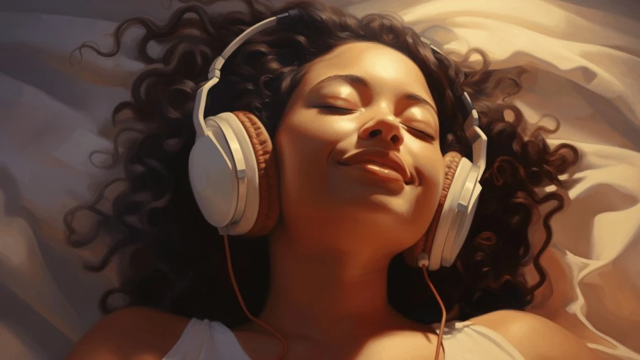 Happy woman listening to audio erotica, after regaining her libido